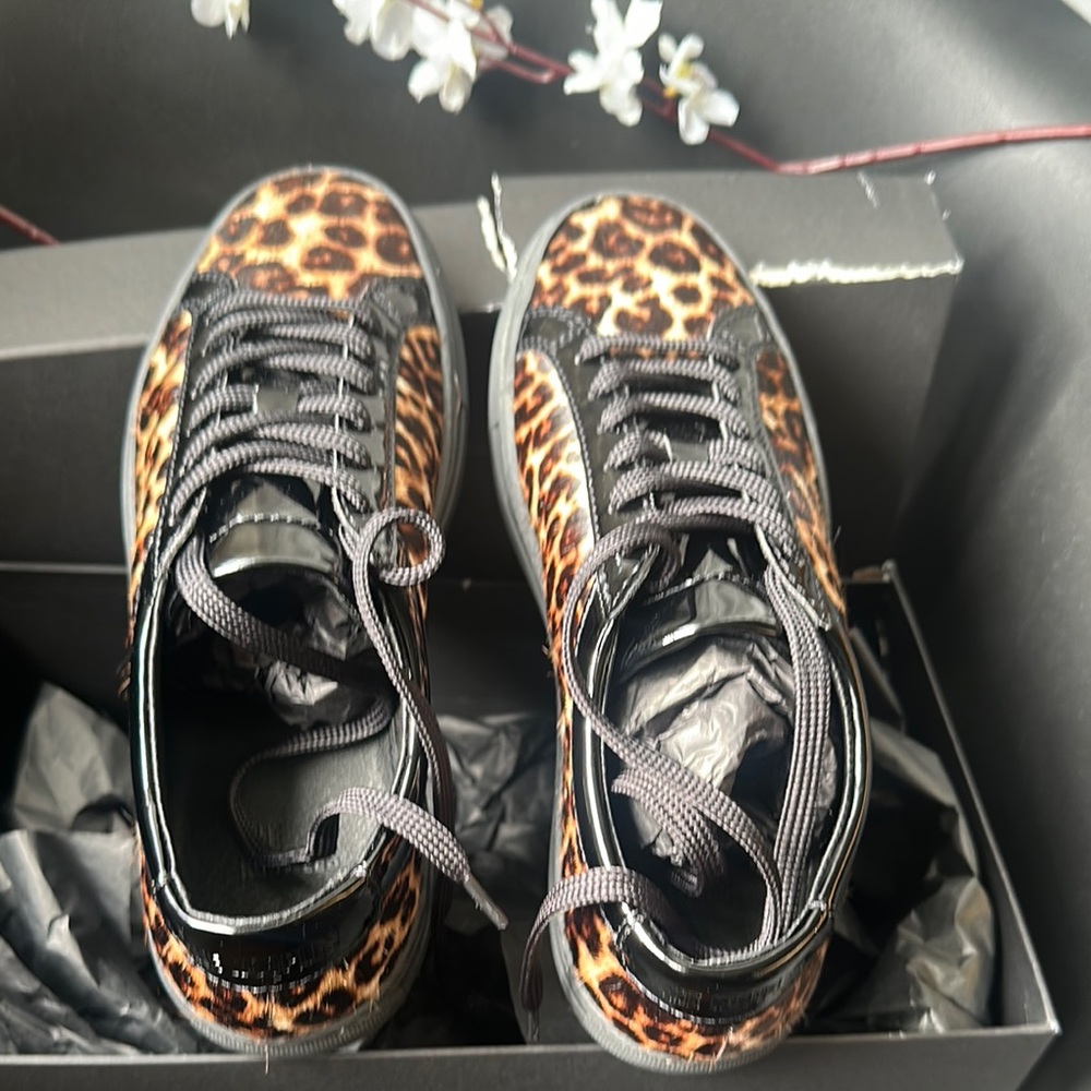 The Kooples Leo Poulain Leather Black& Brown Sneaker Leopard Print Calf Hair NWT - Picture 7 of 8
